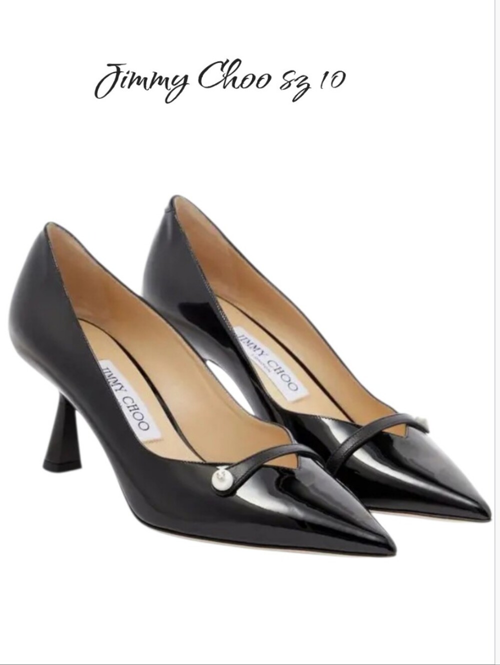 Jimmy Choo Black Patent Rosalia 65 Pointed Pearl Pump Heel 10